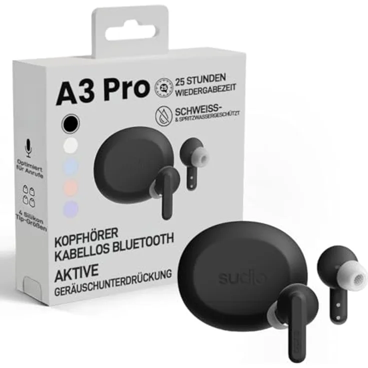 sudio A3 Pro, True Wireless Kopfhörer mit Noise Cancelling, Bluetooth 5.4, 25h Spielzeit, USB-C Ladecase, Schwarz