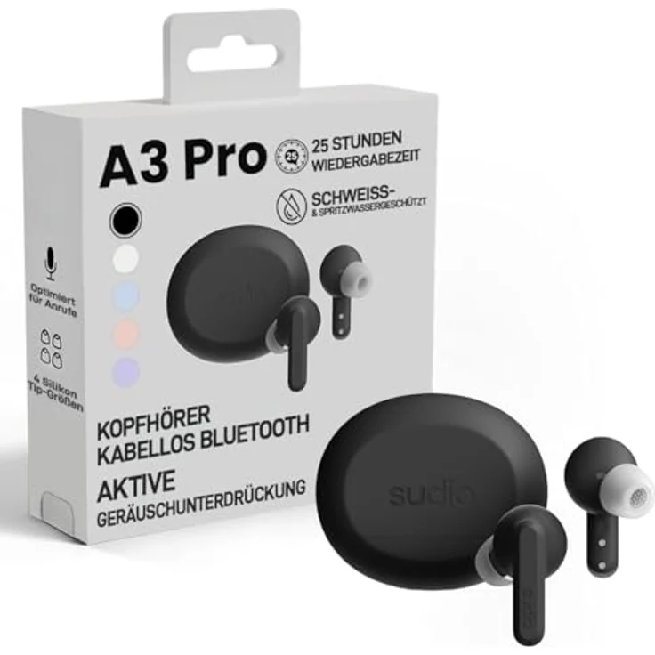 sudio A3 Pro, True Wireless Kopfhörer mit Noise Cancelling, Bluetooth 5.4, 25h Spielzeit, USB-C Ladecase, Schwarz – Bild 1