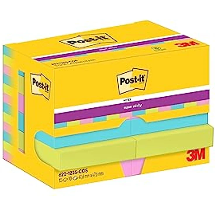 Post-it Super Sticky Haftnotizblock 622-12SS-COS, Haftnotiz Super Sticky Notes Miami Collection, 476 x 476 mm, 12x 90 Blatt, türkis, neongrün, neonpink – Bild 2