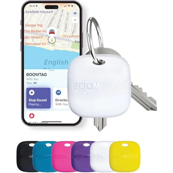 Boompods Boomtag, Wiederaufladbarer Schlüsselfinder aus Ozeanplastik, wasserdichter Bluetooth Tracker, kompatibel mit Apple Wo ist? App, Mini Ortungsgerät, Weiß