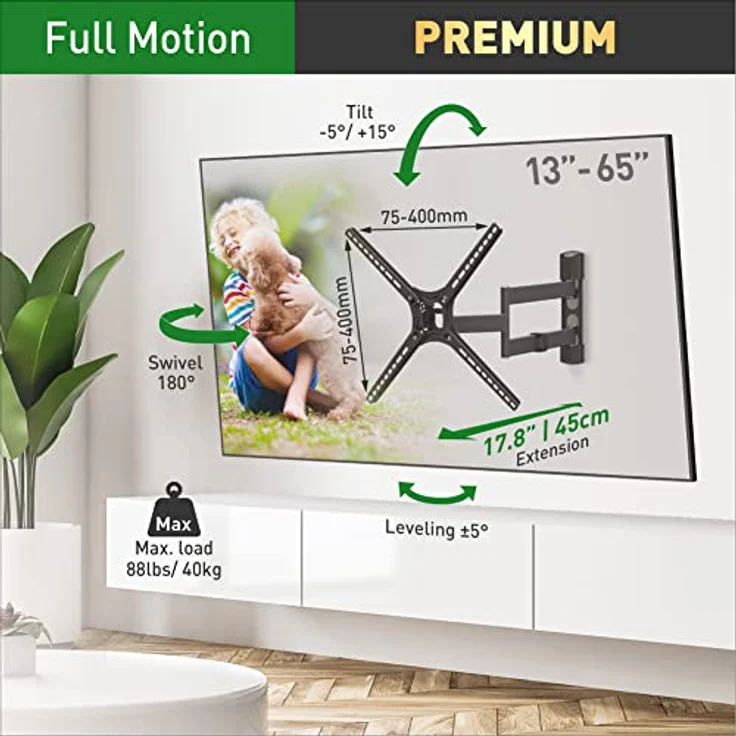 Barkan TV Wandhalterung, 29 - 65 Zoll Schwenkbar / Neigbar / Vollbewegung flach & curved Fernseher TV Halterung, hält bis 40Kg, Patentierter, UL zertifiziert, für LED OLED LCD, Max. VESA 400x400 – Bild 2