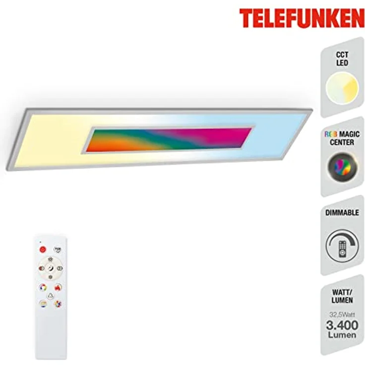 Telefunken LED Panel RGB Deckenleuchte, Regenbogeneffekt, Fernbedienung, Dimmbar, Silberfarbig, 1195x295x65mm – Bild 2