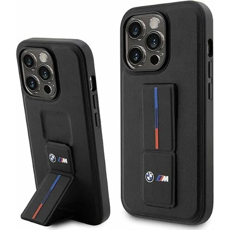 BMW Grip Stand Hot Stamp iPhone 14 Pro Case - Schwarz, mit M Performance Design, Wrist Strap und integrierter Standfunktion