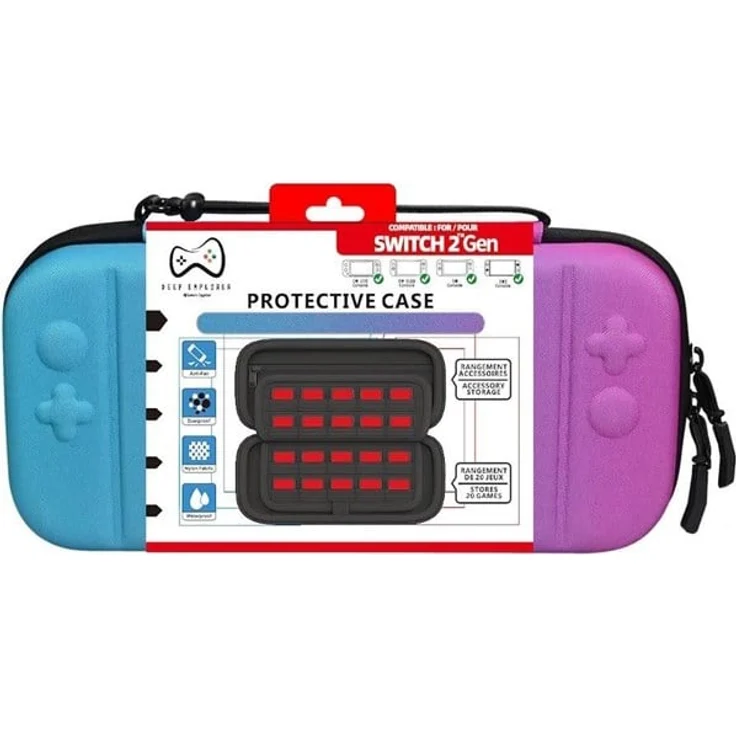 Deep Explorer Protective Case für Nintendo Switch 2, wasserdichte EVA-Tragetasche mit Platz für 20 Spielkarten, blau/pink