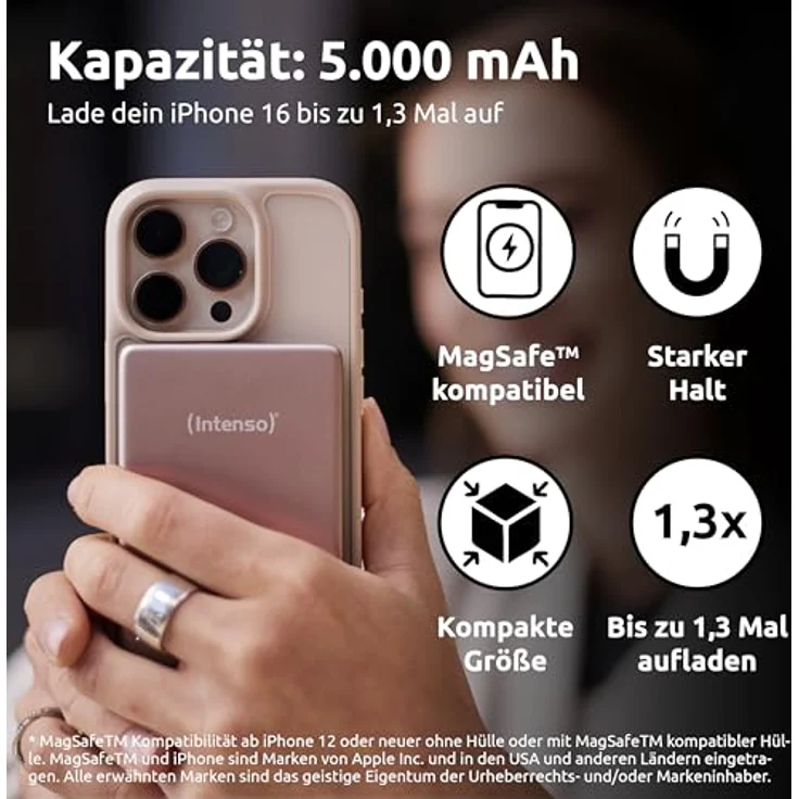 Intenso MW5000 Magnetische Powerbank 5000 mAh – MagSafe kompatibel, 15W Wireless Charging, USB-C PD 20W, kompakt in Rosé – Bild 3