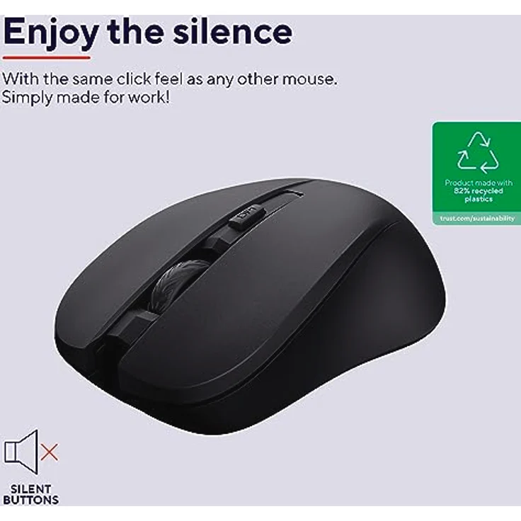Trust Mydo Leise Funkmaus, 82% aus Recyclingkunststoff, 1000-1800 DPI, Verstaubarer USB Mikroempfänger, RF 2.4GHz, für Rechts- und Linkshänder, Maus Kabellos für Laptop, PC, Mac - Schwarz – Bild 2