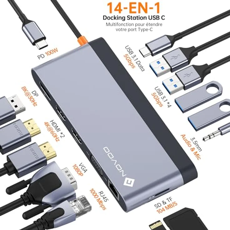 NOVOO Docking Station Dual Monitor, USB C Hub Dual HDMI 4K 60Hz, Displayport, VGA, Gigabit Ethernet, PD 100W, USB x5, SD/TF und 3,5 mm Audio, Dockingstation für MacBook HP Lenovo Dell – Bild 2