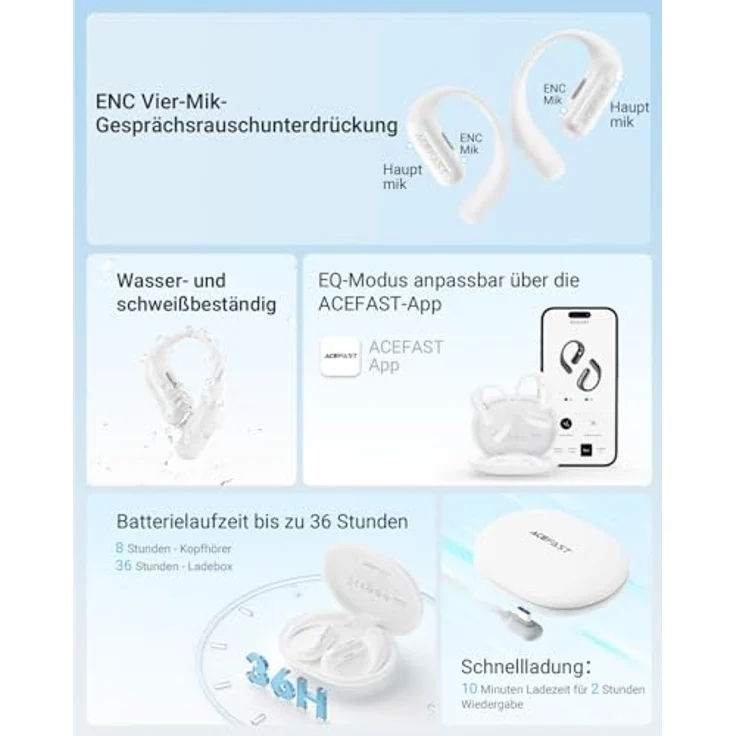 ACEFAST AceFit Air Open Ear Kopfhörer, Bluetooth 5.4, ultradünn, kraftvoller Sound, klare Anrufe, Touch-Steuerung, IP54, Weiß – Bild 6
