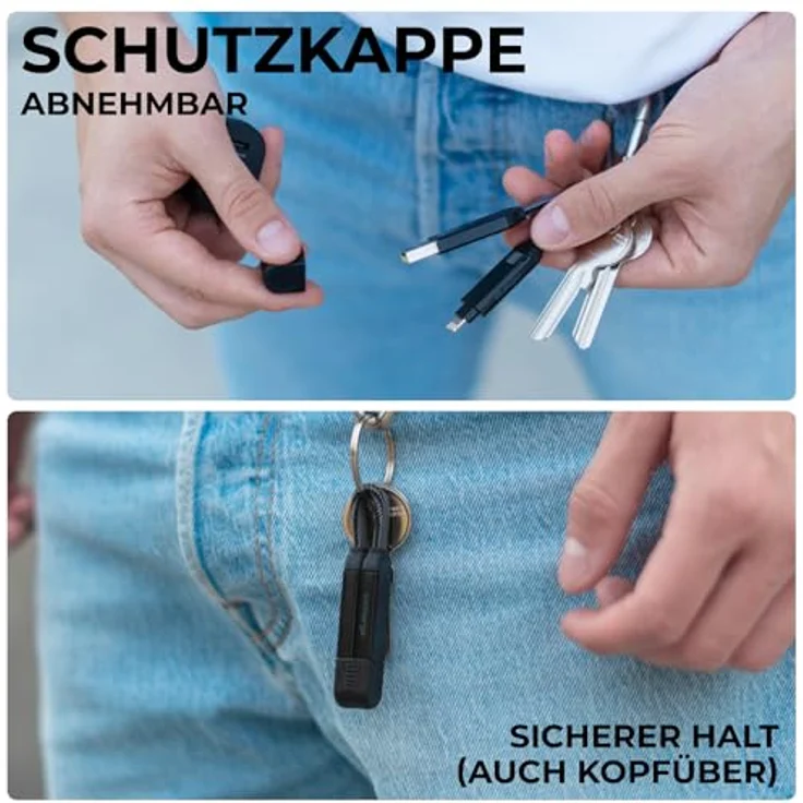 inCharge Rolling Square X Schlüsselanhänger mit USB-C-Kabel, Universal-Smartphone-Kabel, Geschenk für Männer, 6-in-1-Universalladegerät für Smartphones, tech Gadget, Schwarz, Lightning-Kabel 100W – Bild 6