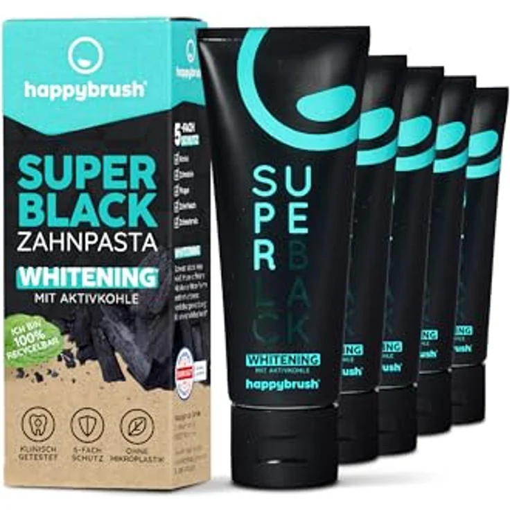happybrush Vegane Aktivkohle Zahnpasta SuperBlack, 5er Pack mit Minze Geschmack - Zahnaufhellung & Kariesschutz für strahlend weiße Zähne (5 x 75ml) – Bild 1