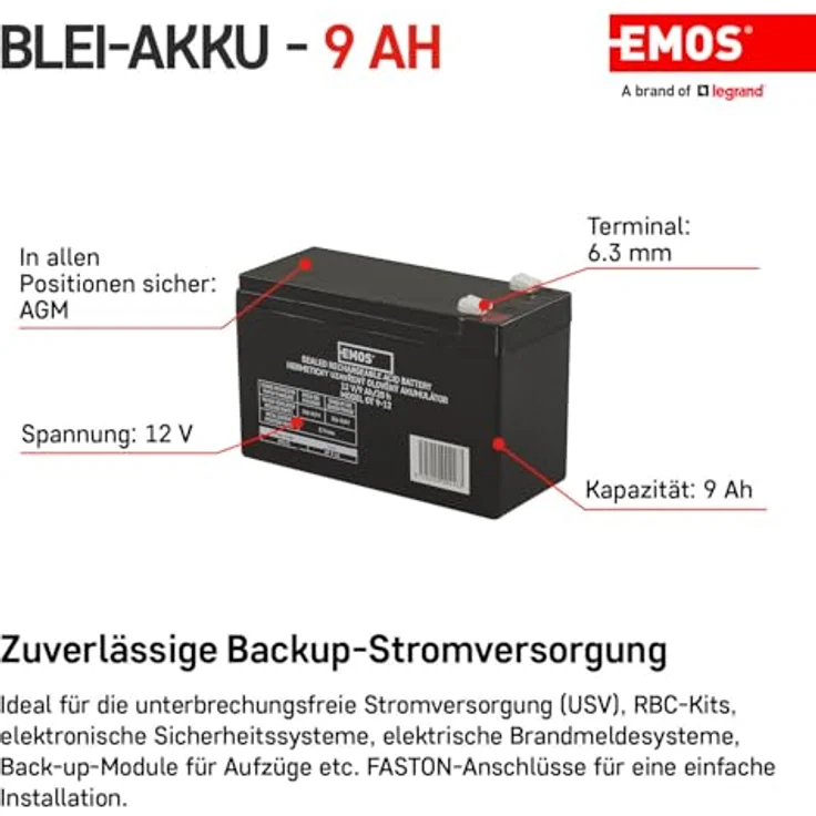 EMOS Wartungsfreier Bleiakku 12V 9Ah AGM Batterie Faston 6,3mm Anschluss für USV-Geräte 151x65x94 mm – Bild 2
