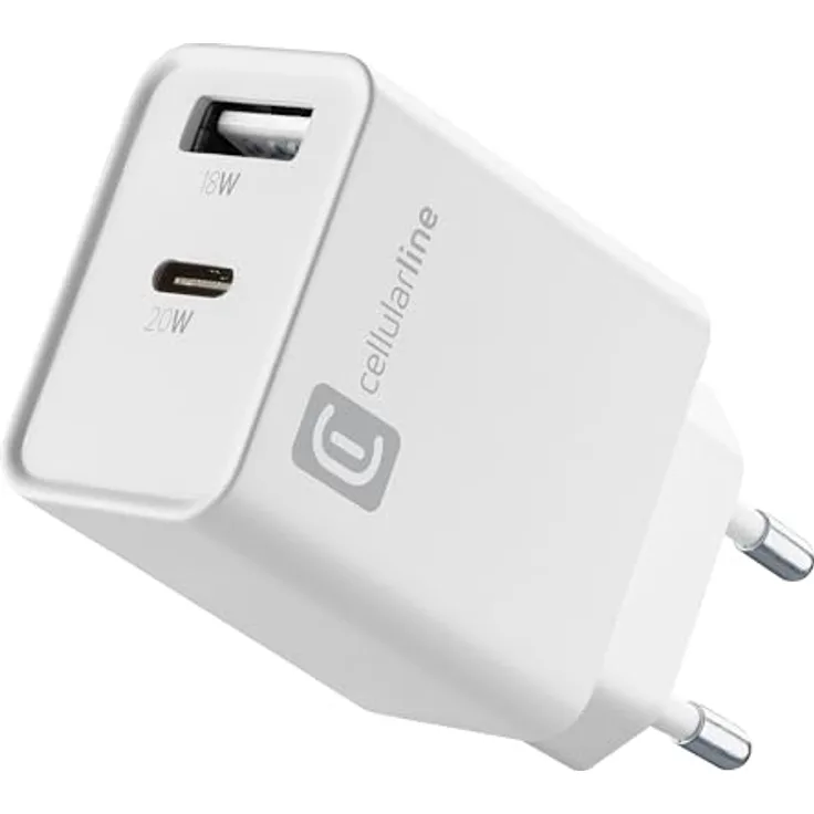 Cellularline - Multiport Charger PD 20 W - Ladegerät mit Zwei Anschlüssen - USB-C-Anschluss 20 W PD - 18 W USB-A-Anschluss - Kompatibel mit Allen Smartphones - Weiß