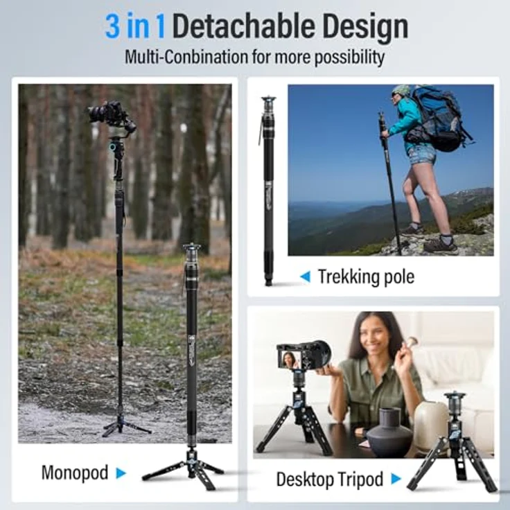 SIRUI SVM-165 Einbeinstativ für Kameras, 165,1 cm (65 Zoll) Kohlefaser Einbeinstativ mit Füßen, schnelle Höhenverstellung, leichtes Reise-Einbeinstativ für DSLR-Kamera, modulares 3-in-1 – Bild 5