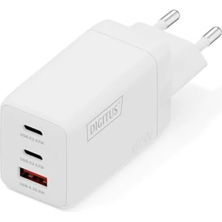 DIGITUS USB-Ladegerät GaN II, 3-Port Schnellladegerät mit 2x USB-C und 1x USB-A, bis zu 67W, geeignet für Laptop, Handy, Tablet, Smartwatch, Kopfhörer, Powerbank, Weiß – Bild 1