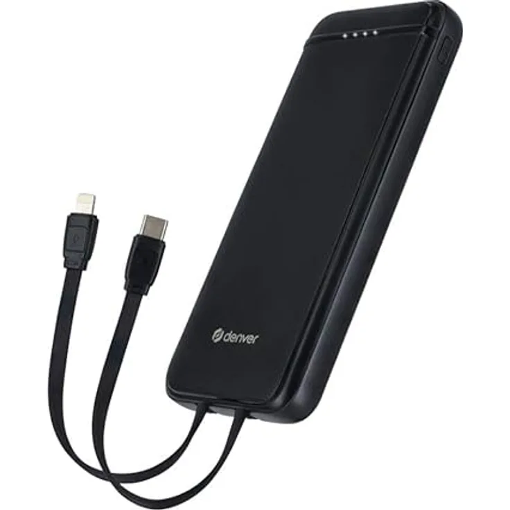 Denver PQCA-10320, Schnelllade-Powerbank 10000mAh mit integrierten USB-C- und Lightning-Kabeln, vielseitige Anschlüsse und PD20W Schnellladefunktion
