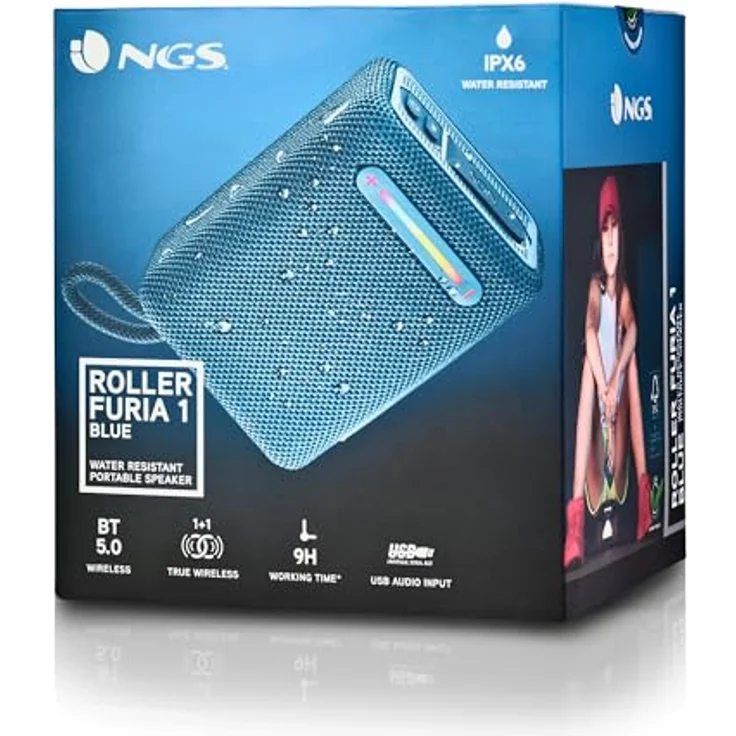 NGS Roller Furia 1, Tragbarer Bluetooth-Lautsprecher mit 15 W, RGB-Lichtern, IPX6-Wasserdichtigkeit, True Wireless, bis zu 9 Stunden Batterielaufzeit, Blau – Bild 5