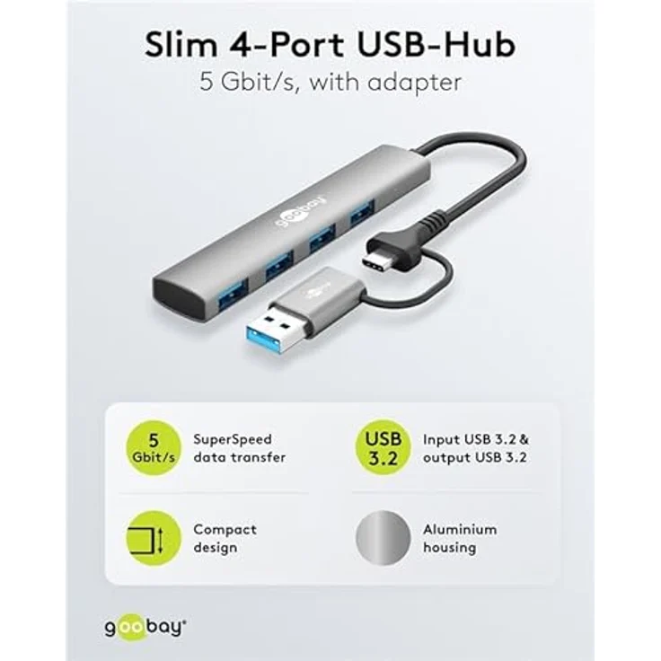 goobay USB C Hub 2 in 1 Aluminium, 4x USB-A und USB-C Splitter mit 5 Gbit/s, kompatibel mit MacBook/iPad/Laptop - Modell 79149 – Bild 2