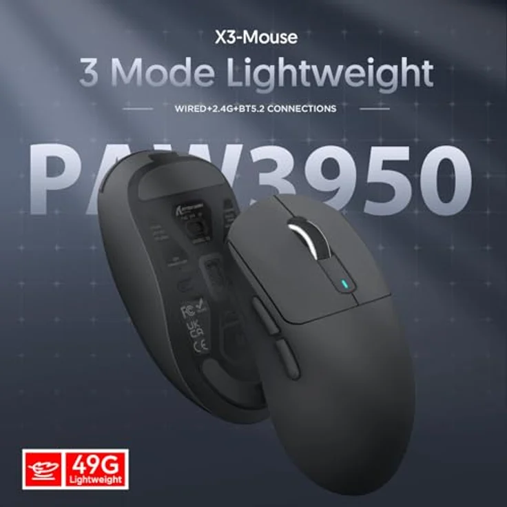 ATTACK SHARK X3MAX, 49g SUPERLIGHT Gaming Mouse mit PixArt PAW3950 Sensor, 42000 DPI, BT/2.4G Wireless/Wired, 200 Stunden Akku, Schwarz – Bild 4