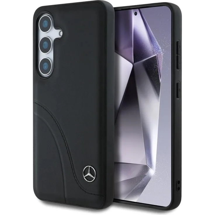 Mercedes Leather Curved Stitches Case für Samsung Galaxy S25 - Schwarz, Hochwertige Lederhülle mit eleganten Nähten und passgenauem Design