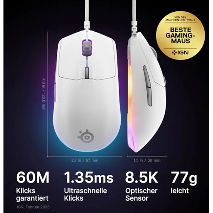 SteelSeries Rival 3 Gen 2 Gaming-Maus, 8.500 DPI TrueMove Core-Optiksensor, 60 Millionen Klicks garantiert, 77 g leicht, RGB-Beleuchtung, Weiß – Bild 2