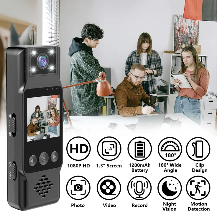 Exlene Tragbare Mini-Kamera L13 HD 1080p mit Nachtsicht, 180° drehbarem Objektiv und 1200 mAh Akku, WLAN-fähig, inkl. magnetischem Clip