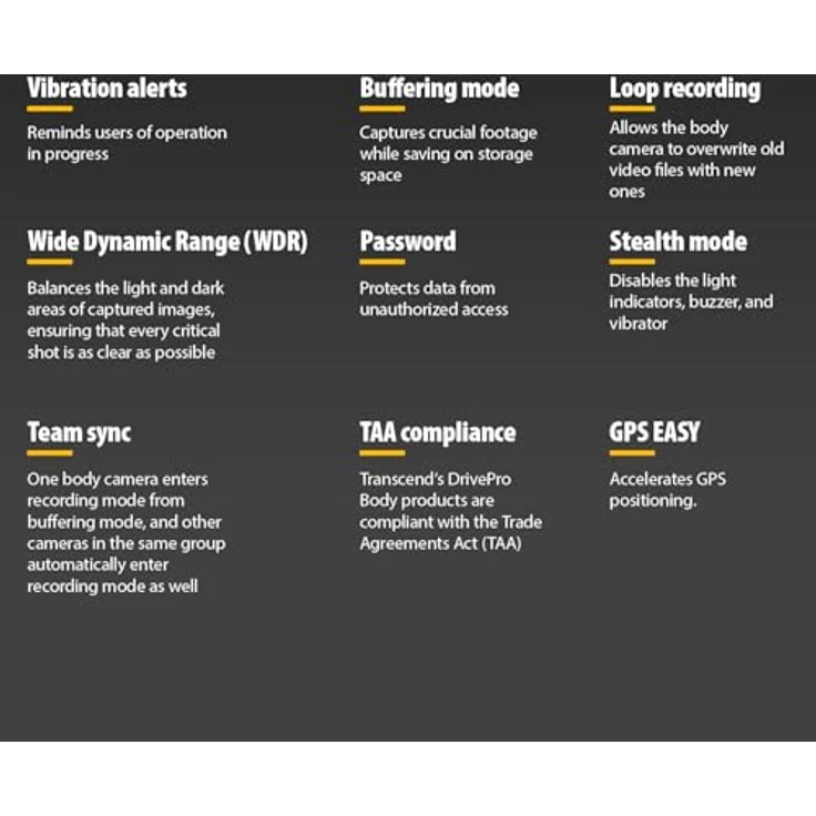 Transcend Body Camera Transcend - DrivePro Body 70, Separate Kamera (GPS-Empfänger, Akku, WLAN, Eingebautes Mikrofon, Nachtsicht, Bluetooth, Eingebautes Display, QHD), Dashcam, Schwarz – Bild 10
