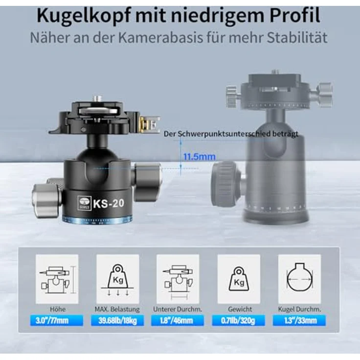 SIRUI KS-20 Kugelkopf für Stativ, 33 mm Low-Profile-Kugelkopf, 360° Panorama-Aluminiumlegierung, maximale Belastbarkeit 15 kg – Bild 2