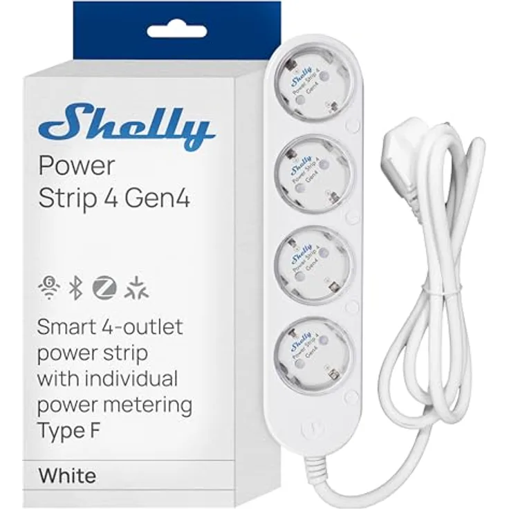 Shelly Power Strip 4 Gen4 Weiß, Smarte Mehrfachsteckdose mit 4 Schuko-Steckdosen, Leistungsmessung, Matter & WLAN, Zigbee, Google, Alexa, Keine Hub erforderlich, 3500W, Zeitschaltuhr