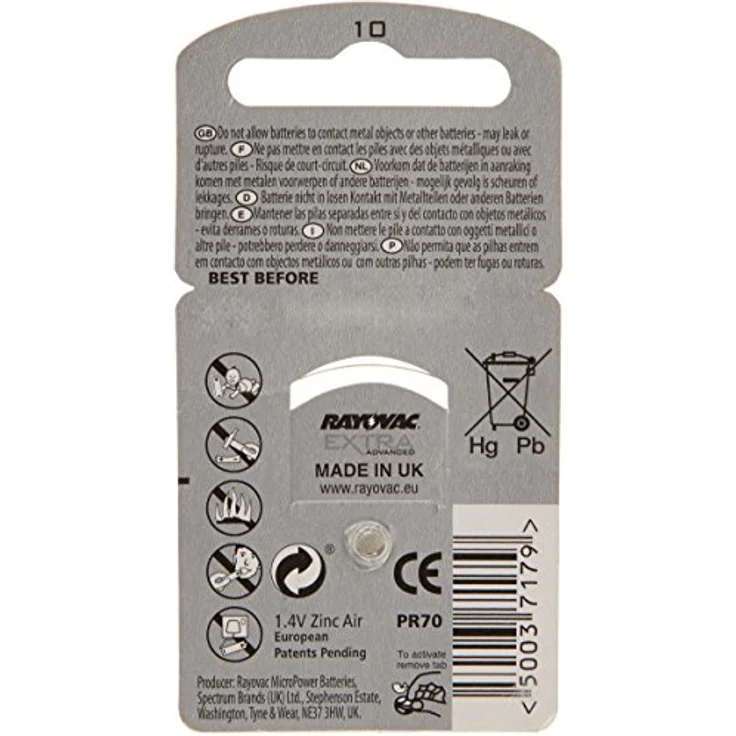 Rayovac - Extra Advanced 10 / PR70 - 1,4 Volt 105mAh Zn/Luft - 6er Blister – Bild 3