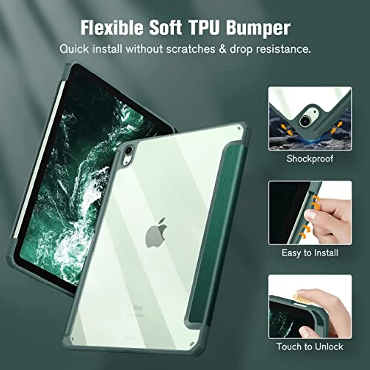 Fintie Hybrid Hülle für iPad Air 11 Zoll M3/M2 2025/2024, iPad Air 5/4 Gen 10,9 Zoll - Stoßfeste Schutzhülle mit transparenter Hartschale und Stifthalter, Satinoptikgrün – Bild 4