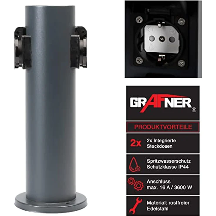 Grafner Edelstahl Design Gartensteckdose 2-Fach, 3600 Watt, IP44, anthrazit, witterungsbeständig mit selbstschließendem Klappdeckel, energiesparende Außensteckdose – Bild 2