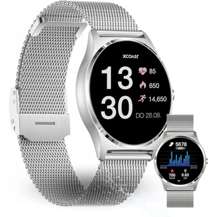XCOAST JOLI XC PRO Smartwatch für Damen – Elegant mit Fitnessfunktion, AMOLED Touchscreen, Herzfrequenzmesser, wasserdicht IP67, kompatibel mit iOS & Android, Milanaise Armband in Silber