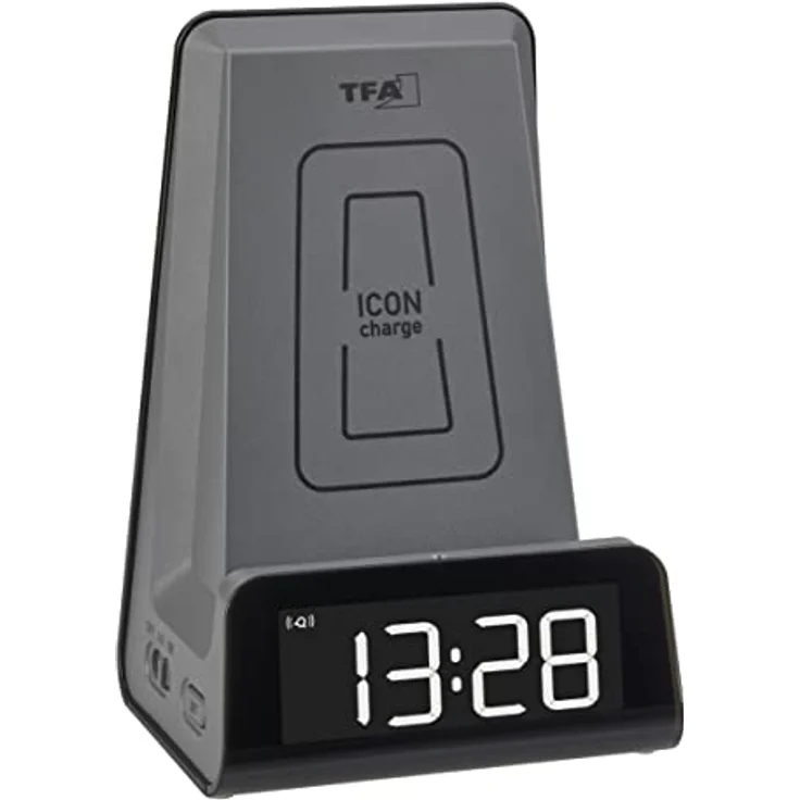 TFA Dostmann 2 in 1 Induktive Ladestation ICONcharge, 60.2033.10, für Smartphones, Kabelloses Laden, mit Weckfunktion, USB-Ladefunktion, Halter für Video Calls, LED-Leuchtziffern, anthrazit – Bild 5
