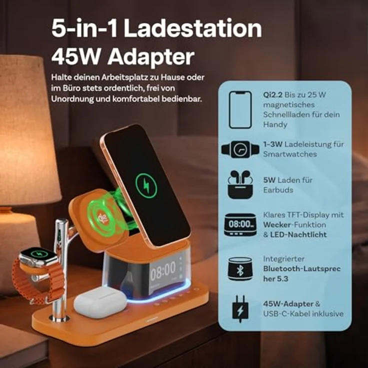 MMOBIEL Kabellose Ladestation 5-in-1 mit Wecker, Bluetooth-Lautsprecher & LED-Nachtlicht – 25W Qi2.2 Magnetisches Ladegerät für iPhone, Apple Watch & AirPods – Cosmic Orange – Bild 2