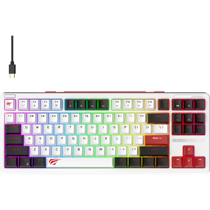 Havit KB902L, 80% kabelgebundene Gaming-Tastatur mit RGB-LED, QWERTY, Schwarz, Rot, Weiß
