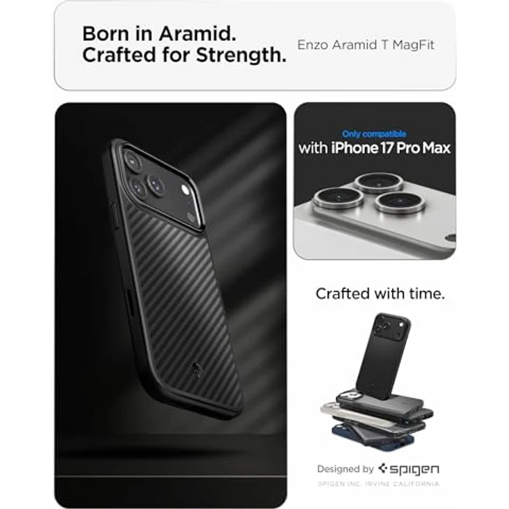 Spigen Enzo Aramid T MagFit Case für iPhone 17 Pro Max, Dünn Slim Stoßfest mit 2025 Upgrade Kamerasteuerung, echtes Aramid-Gewebe, schwarz – Bild 2