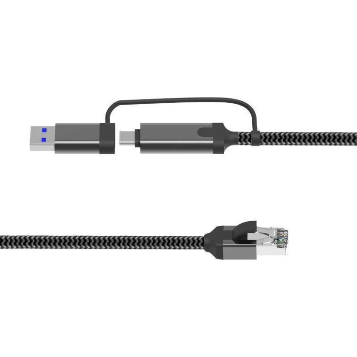 MicroConnect CAT6 FTP-auf-USB-AC-Adapterkabel, 10 Meter, USB-A / USB-C, RJ45, schwarz