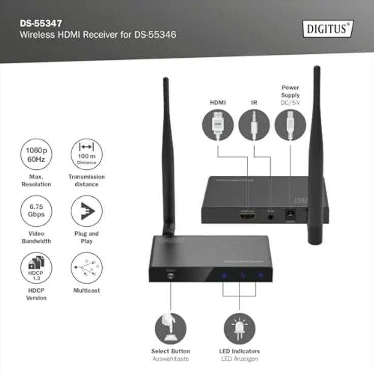 DIGITUS DS-55347 Wireless HDMI Extender/HDMI Splitter (1:4) – Full HD 1080p 60 Hz – 100 m Reichweite – Empfänger-Einheit für DS-55346 – Loop-Out, IR Infrarot – HDMI 1.4 & HDCP 1.3 – Bild 2