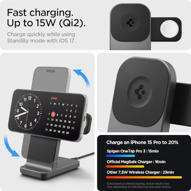 Spigen OneTap Pro 3 MagFit MagSafe Ladestation 3 in 1, 15W Kabelloses Magsafe Stand Ladegerät für iPhone 16/15/14/13/12, Apple Watch 2/3/4/5/6/7/8/9/10/SE/Ultra, AirPods 2 Pro/3/4 – Bild 4