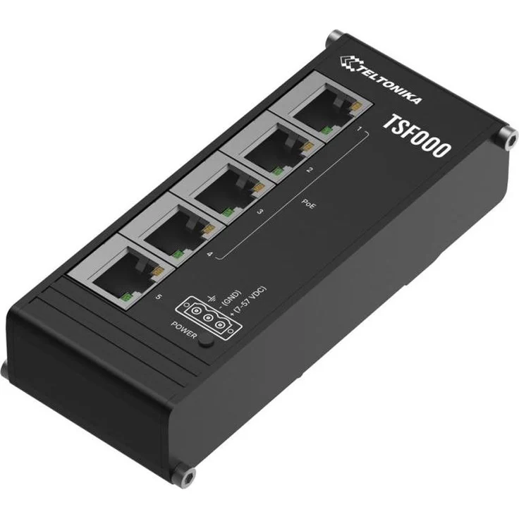 Teltonika TSF000, Netzwerk Switch mit 5 Ethernet-Ports, 4 PoE+ Anschlüssen, Betriebstemperatur von -40 bis 75 °C, DIN-Schienen Montage
