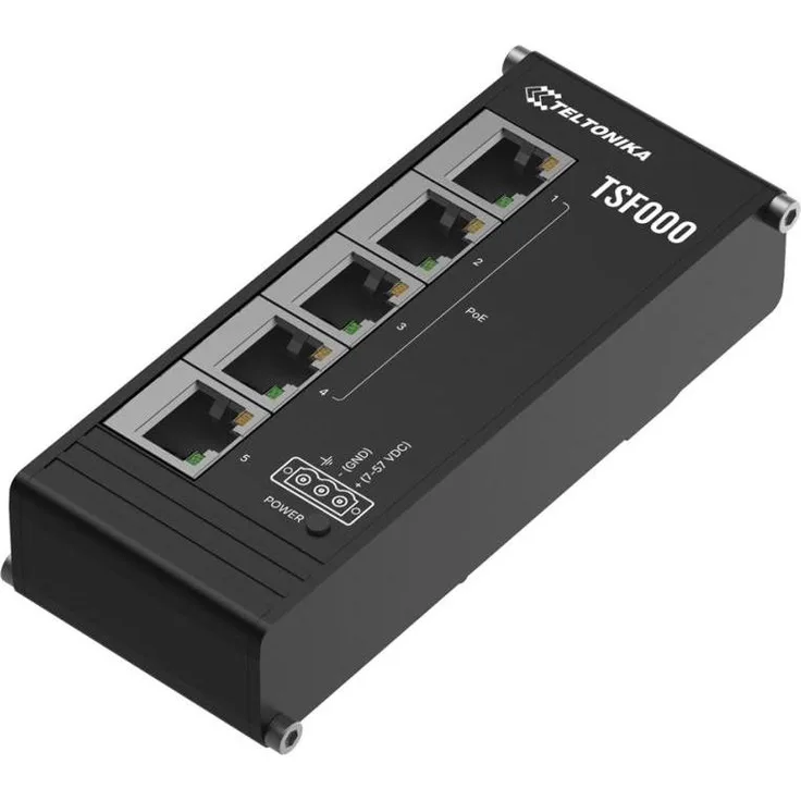 Teltonika TSF000, Netzwerk Switch mit 5 Ethernet-Ports, 4 PoE+ Anschlüssen, Betriebstemperatur von -40 bis 75 °C, DIN-Schienen Montage