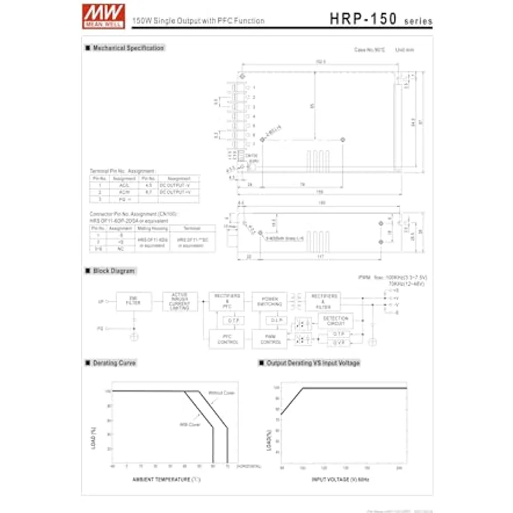Mean Well HRP-150-7.5, 150 W Einzelausgangsnetzteil mit aktiver PFC, 7.5 V/20 A, flaches Profil 1U, hoher Wirkungsgrad bis 89 % – Bild 3