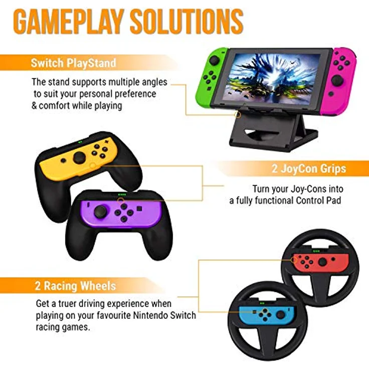Orzly Zubehörpaket-Switch - Geek Pack für Nintendo Switch: Tragetasche & Displayschutzfolie, Joycon Grips & Lenkrad, JoyCon/Pro-Controller-Ladestation, Comfort Grip Tasche & More - JetBlack - Preisvergleich – Bild 6