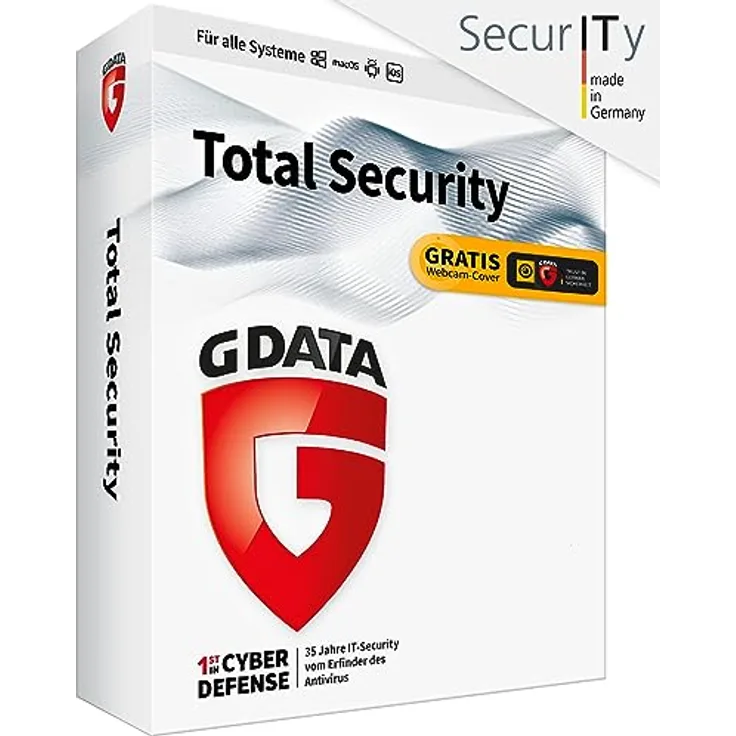 G DATA Total Security 2023 | 1 Gerät - 1 Jahr | Virenschutzprogramm | Passwort Manager | PC, Mac, Android, iOS | zukünftige Updates inklusive | Made in Germany | DVD | inkl. Webcam-Cover