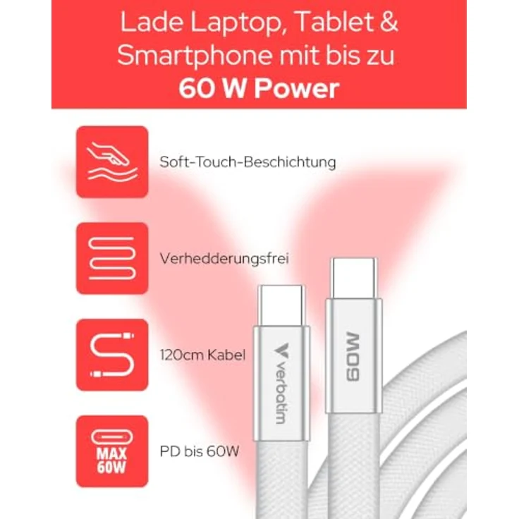 Verbatim 30274, USB C Kabel 1,2 m, USB 2.0, 0,48 Gbit/s, Weiß, Flachkabel mit Schnellladefunktion – Bild 2