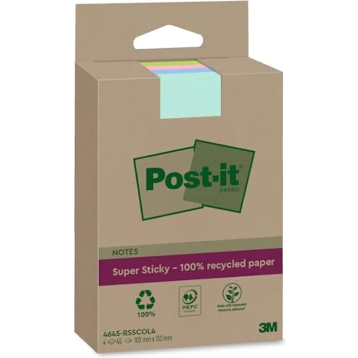 Post-it Notes Super Sticky Haftnotizblock 102x152mm, 4x45 Blatt, mint, denimblau, rosa, limonengrün, 100% Recyclingpapier, rückstandsfrei entfernbar – Bild 1