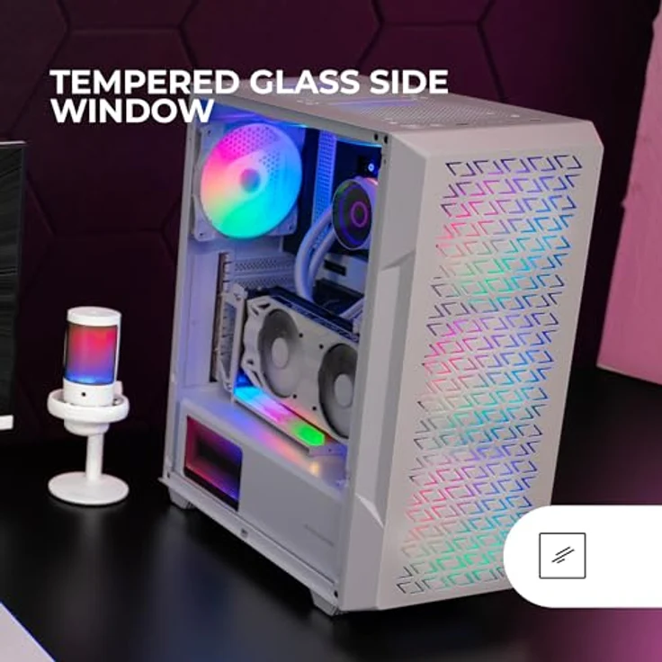 Mars Gaming MC-GEO ATX Gaming Gehäuse, 4x 120mm FRGB Lüfter, Seitenfenster aus gehärtetem Glas, Flüssigkeitskühlung bis 360mm, Weiß – Bild 3