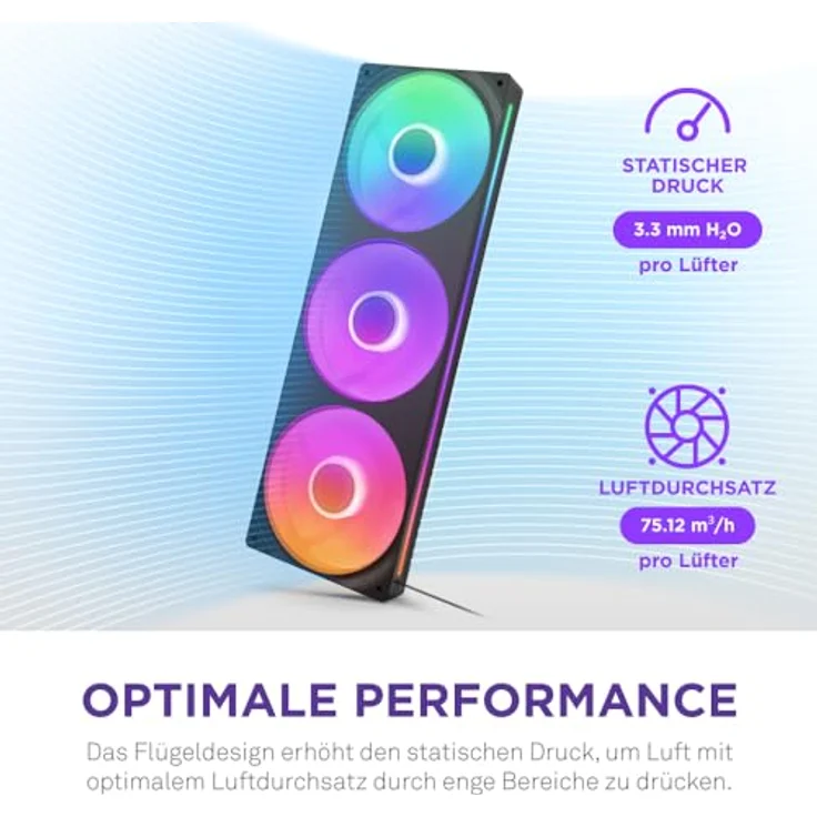 NZXT F360 RGB Core - 360 mm Einzelrahmen-Lüftereinheit mit 3 x 120 mm RGB-Lüftern - Drehzahl- und Beleuchtungssteuerung - Hoher statischer Druck und Luftstrom - 8 aRGB-LEDs pro Lüfter - Schwarz - Gehäuselüfter – Bild 4