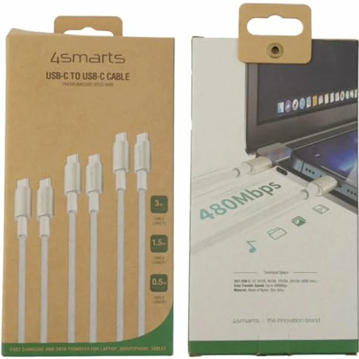 4Smarts USB-C auf Kabel PremiumCord 60W 3er Set, 0.5m, 1.5m, 3m, weiß, robust und langlebig, unterstützt schnelles Laden und Datenübertragung – Bild 2