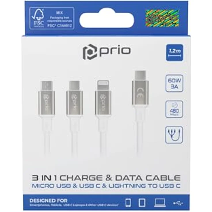 Prio 3 in 1 Micro USB, USB C & Lightning auf USB C Kabel, 3A, 1,2m, weiß – Bild 3
